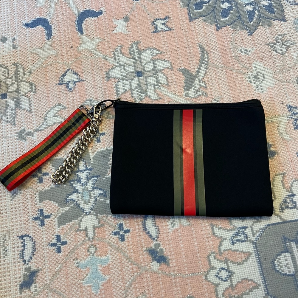 HAUTE SHORE Black Clutch with Red and Green Stripe